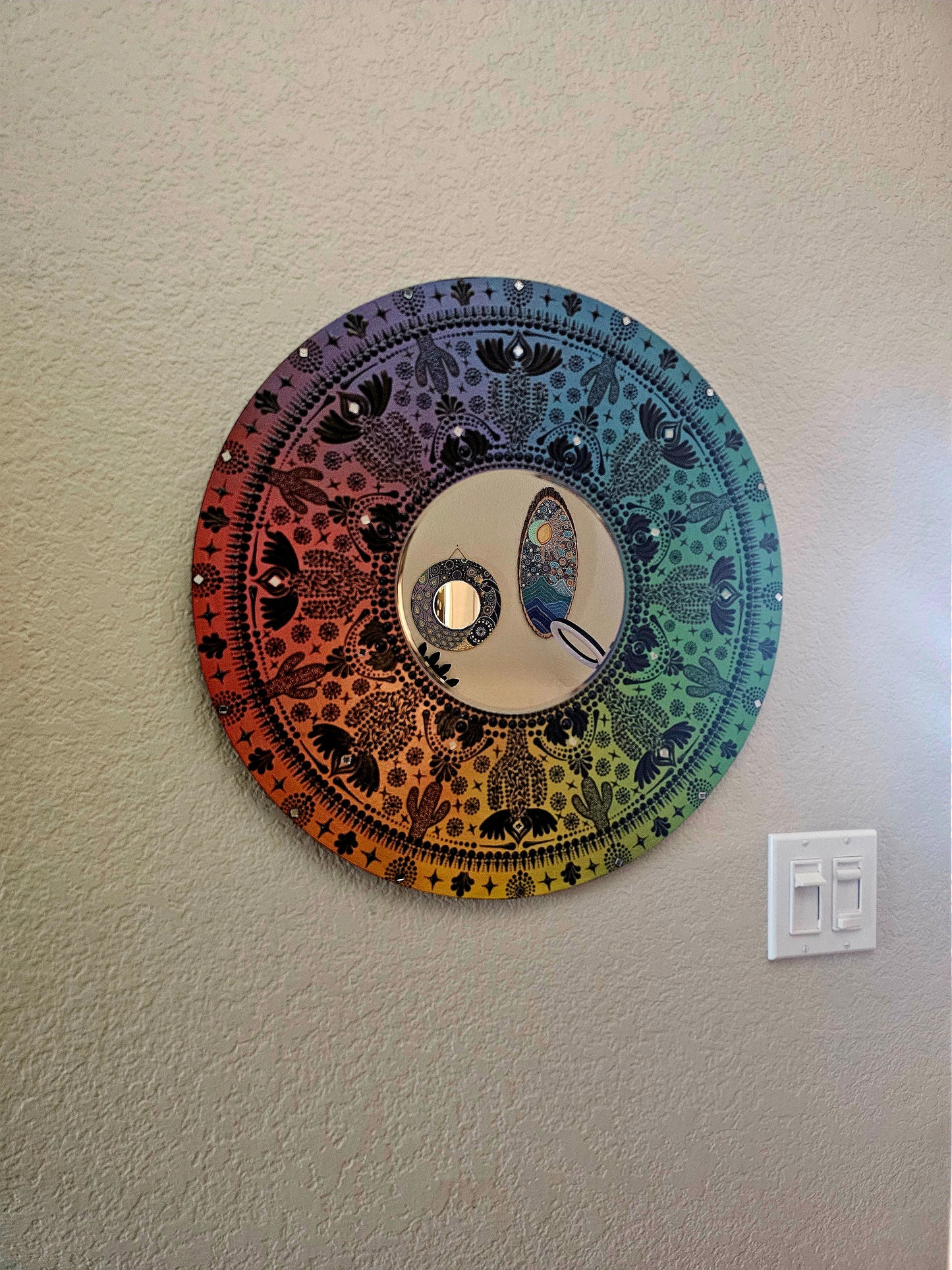 Wooden Rainbow Cactus Mandala Mirror