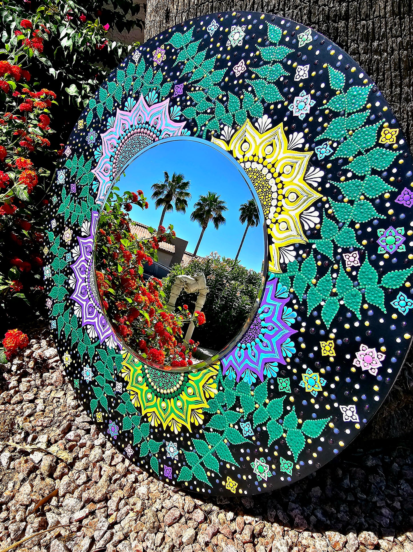 Floral Dot art Mirror on wood