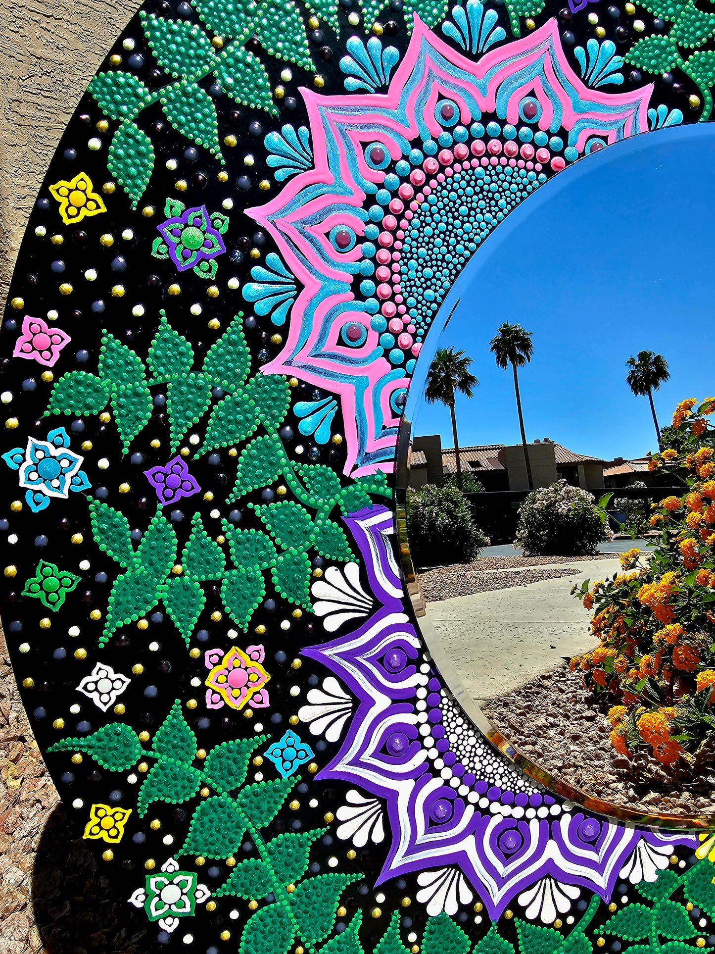 Floral Dot art Mirror on wood