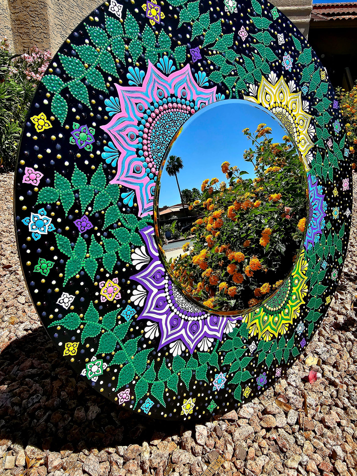 Floral Dot art Mirror on wood