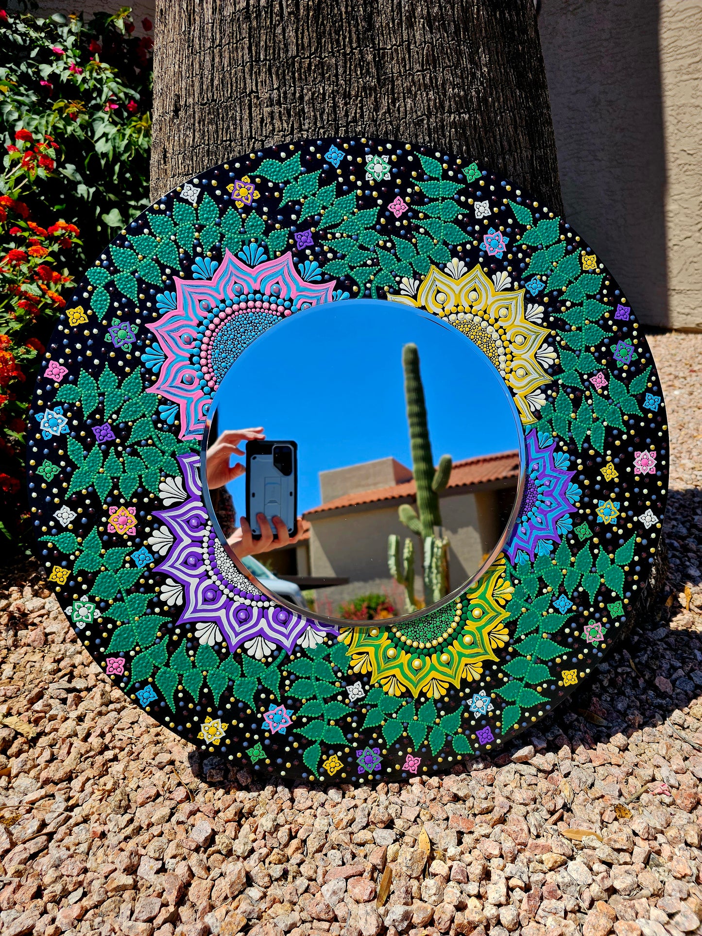 Floral Dot art Mirror on wood