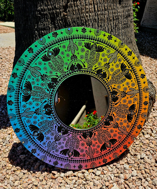 Wooden Rainbow Cactus Mandala Mirror